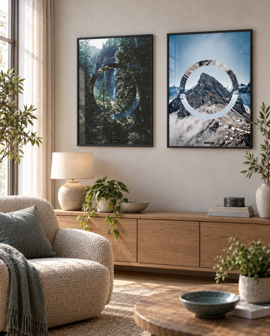 SERENITY og SKY HIGH plakater i sorte rammer i en lys stue med egetræsmøbler og naturligt dagslys