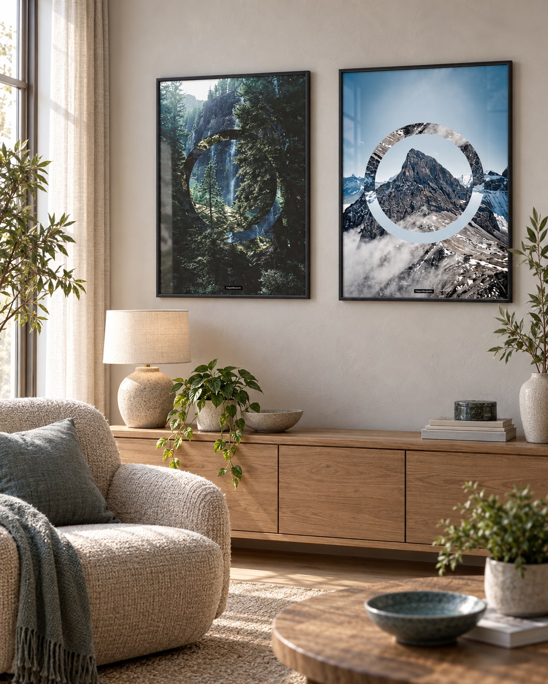 SERENITY og SKY HIGH plakater i sorte rammer i en lys stue med egetræsmøbler og naturligt dagslys