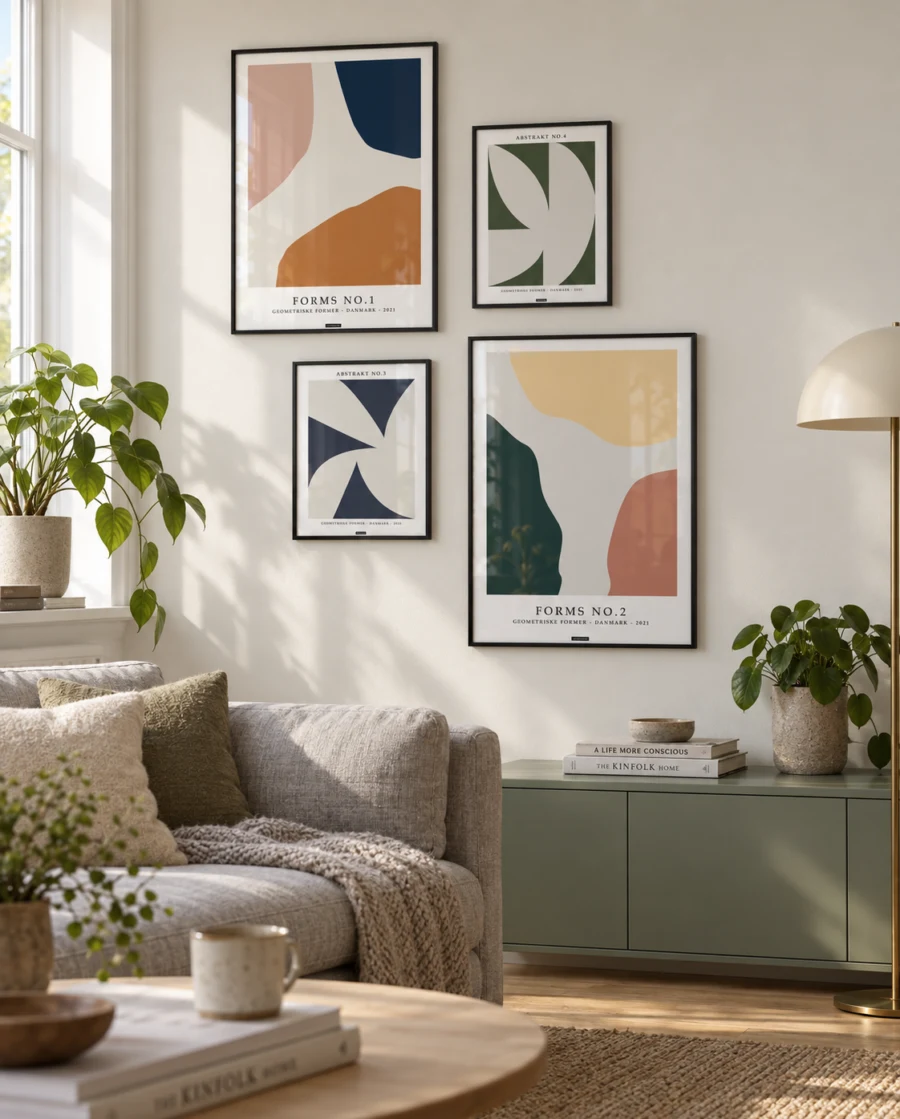 Shape and Color billedvæg med fire farverige geometriske plakater i sorte aluminiumsrammer over en sofa i en dansk stue.