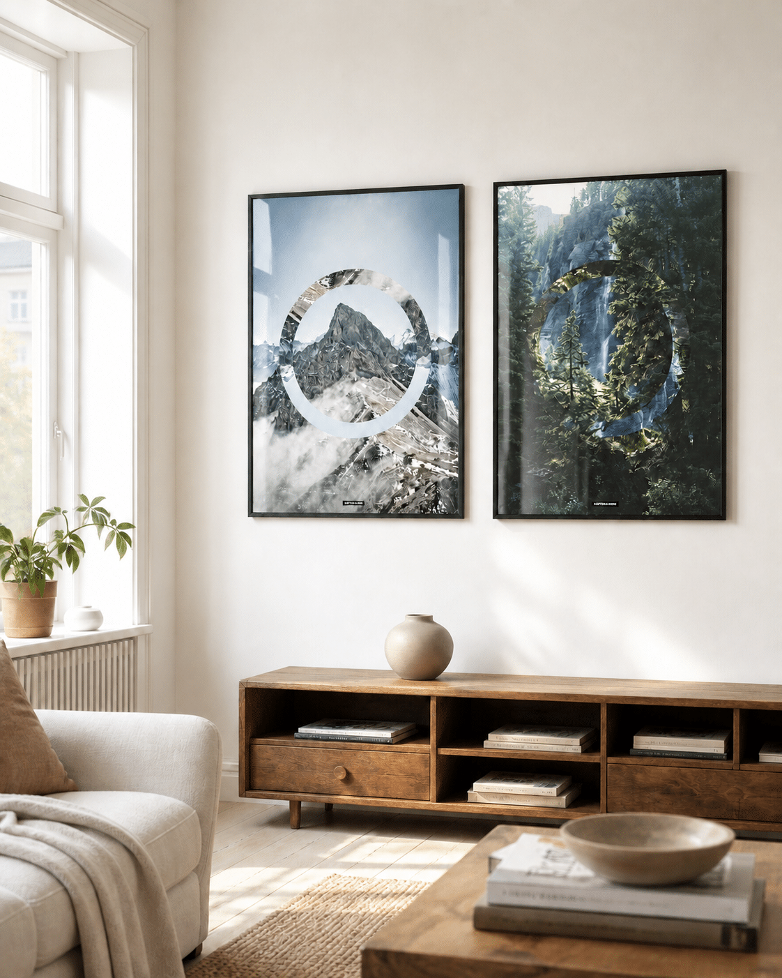 Sky High og Serenity plakater i sorte rammer hænger sammen på en lys væg i en moderne dansk stue