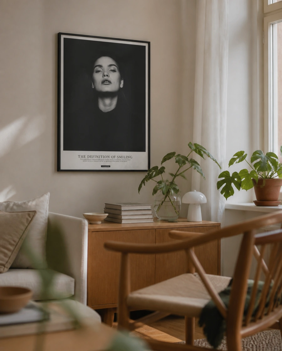 SMILE plakat i en lys dansk stue med naturligt dagslys