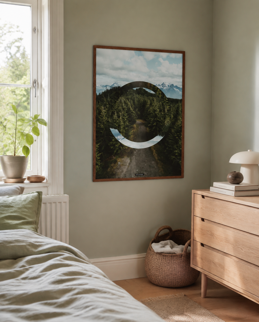 THE FOREST II plakat i egetræsramme i et lyst dansk soveværelse med naturligt dagslys.