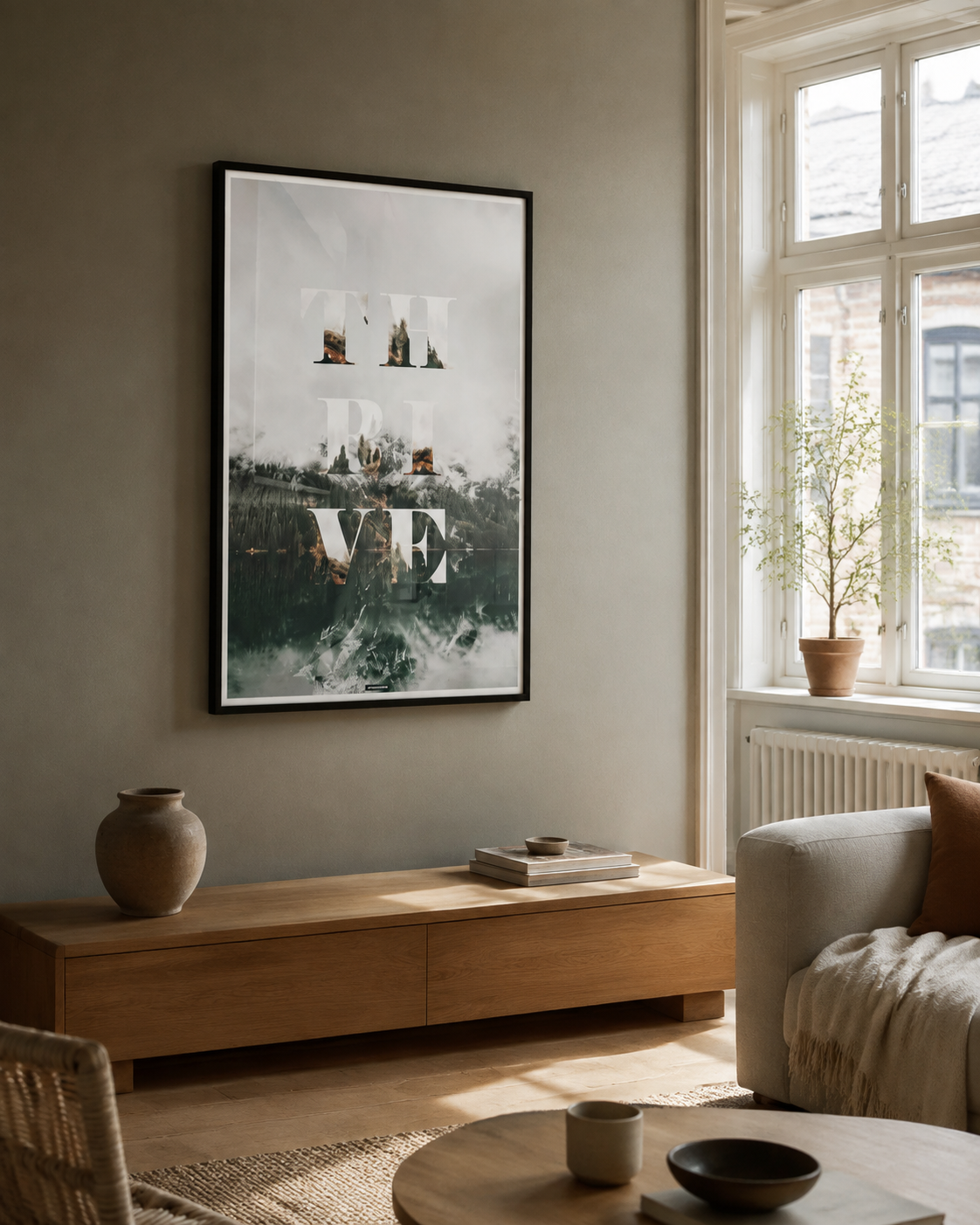 THRIVE miljøbillede KASPERBENJAMIN THRIVE plakat i en rolig dansk stue med naturligt vindueslys, egetræ og varme neutrale farver.