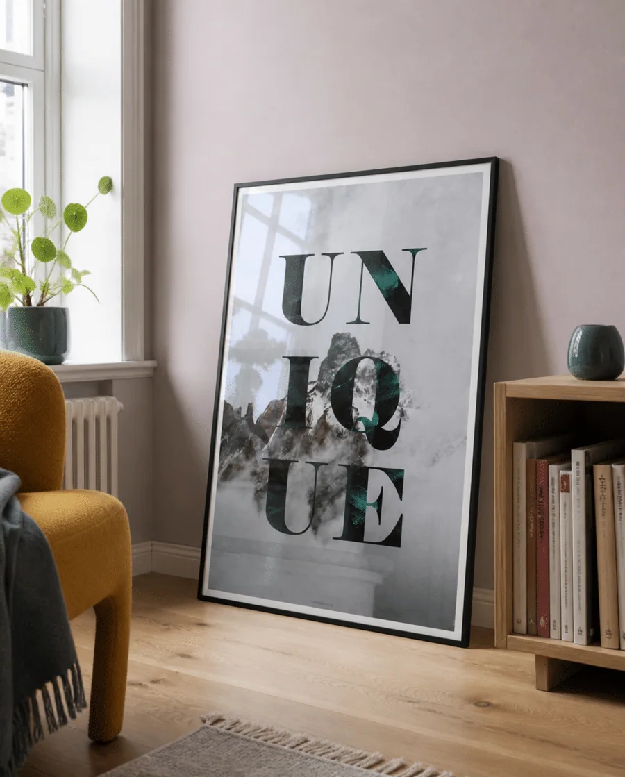 UNIQUE plakat i ramme i et lyst nordisk læsehjørne med lavendelvæg, sennepsgul stol og naturligt dagslys