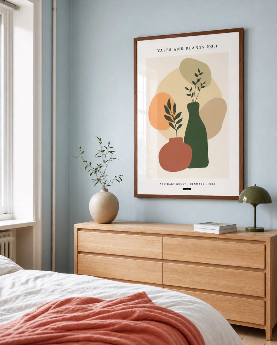 VASES AND PLANTS NO.1 plakat i valnøddefarvet ramme i et lyst dansk soveværelse med pudderblå væg, egetræsskænk, hvidt sengetøj og koralfarvet plaid