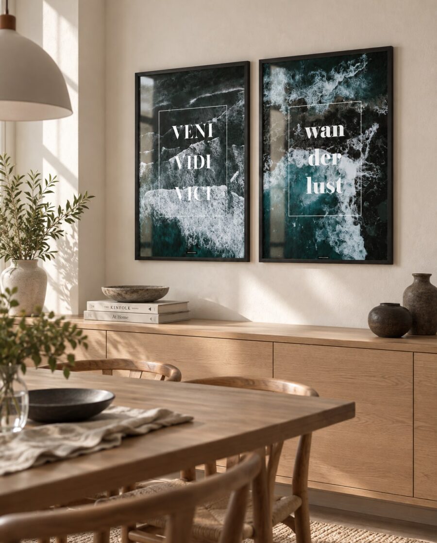 VENI VIDI VICI og WANDERLUST plakater i egetrærammer på en lys væg i en nordisk spisestue med naturligt sidelys