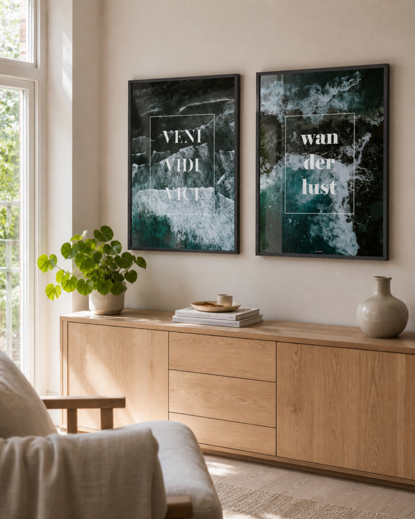 WANDERLUST sekundær miljøbillede KASPERBENJAMIN Wanderlust og Veni Vidi Vici plakater i et lyst dansk hjem med naturligt dagslys