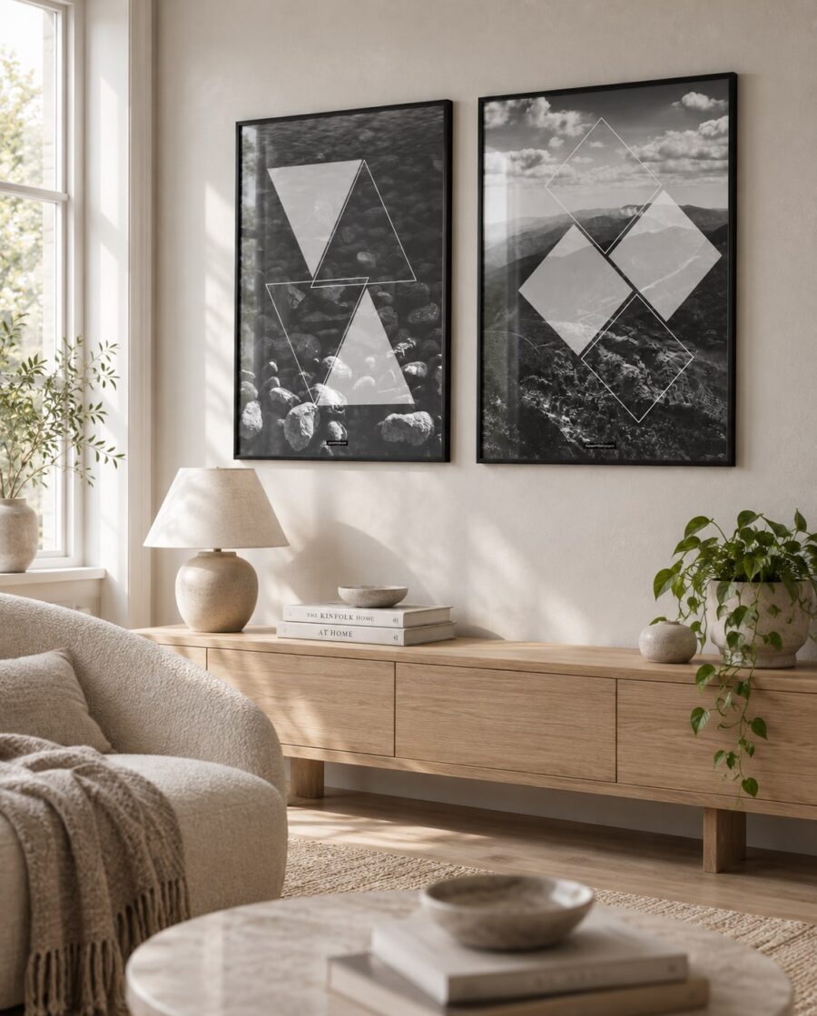 WATER TRIANGLE og MOUNTAIN SQUARE plakater i sorte rammer på en lys væg i en nordisk stue med naturligt sidelys