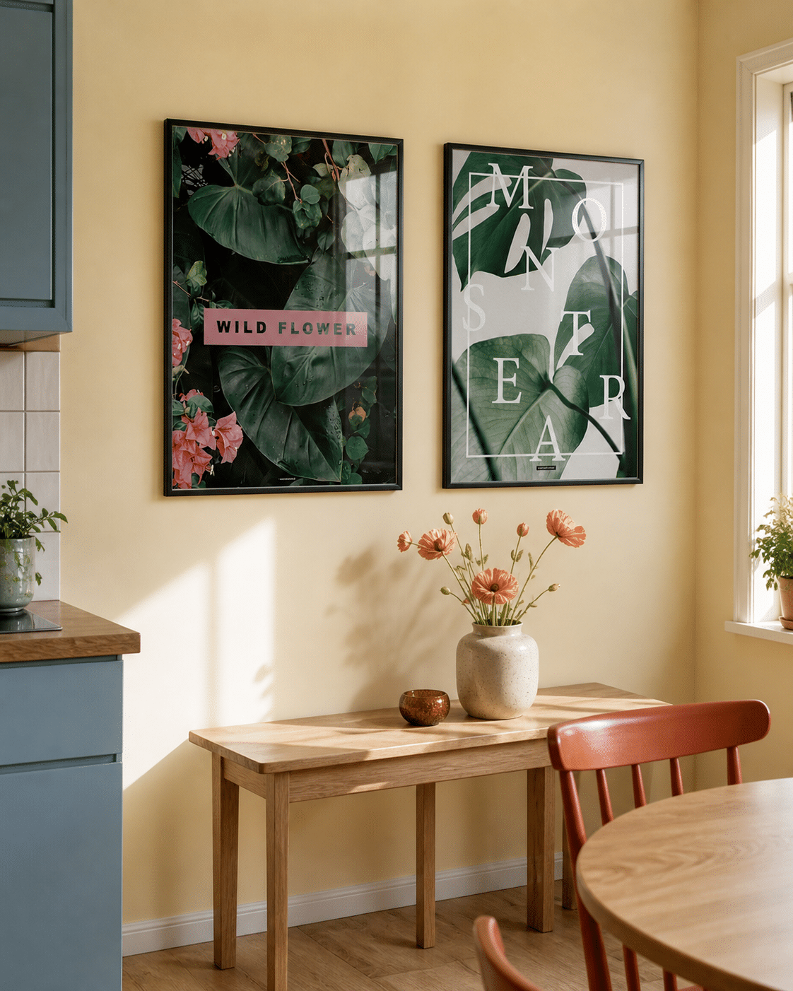 Wild Flower og Monstera plakater i mørke rammer på en varm gul væg i lys dansk køkkenspiseplads med blå skabe, egetræsbord og dagslys