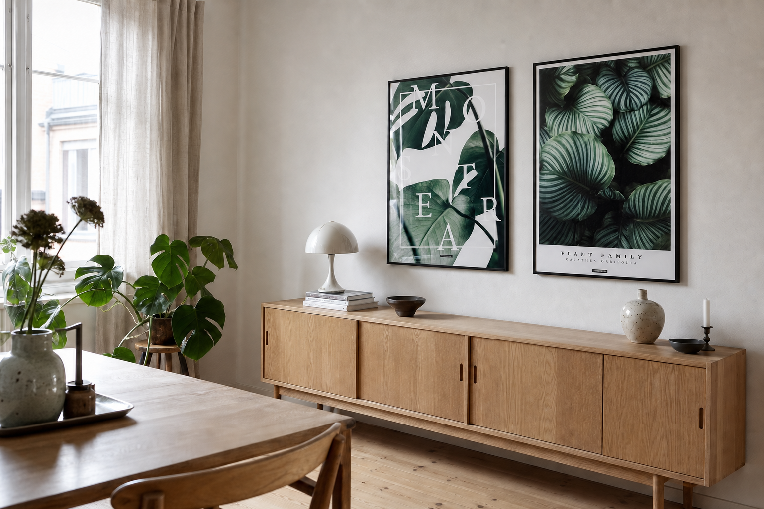 Miljøbillede med grafiske plakater i spisestuen